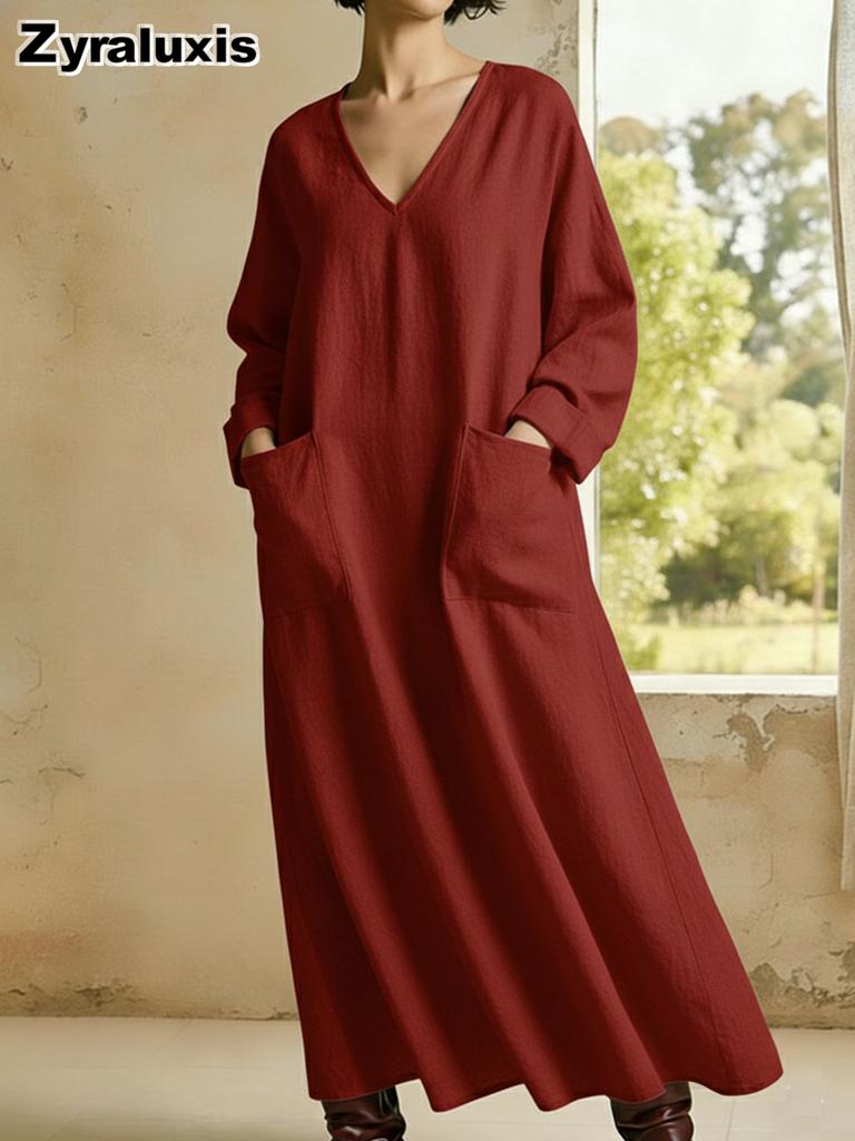 Spring New Loose Casual Solid Color V-Neck Pocket Long Sleeve Cotton Linen Dress