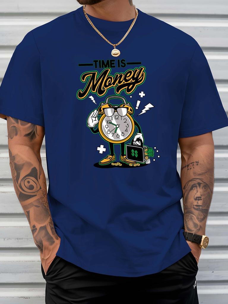 Unisex Summer Crew Neck Short Sleeve T Shirt Time Is Money Cartoon Alarm Clock Print Casual Loose Streetwear Daily Fashion Tops