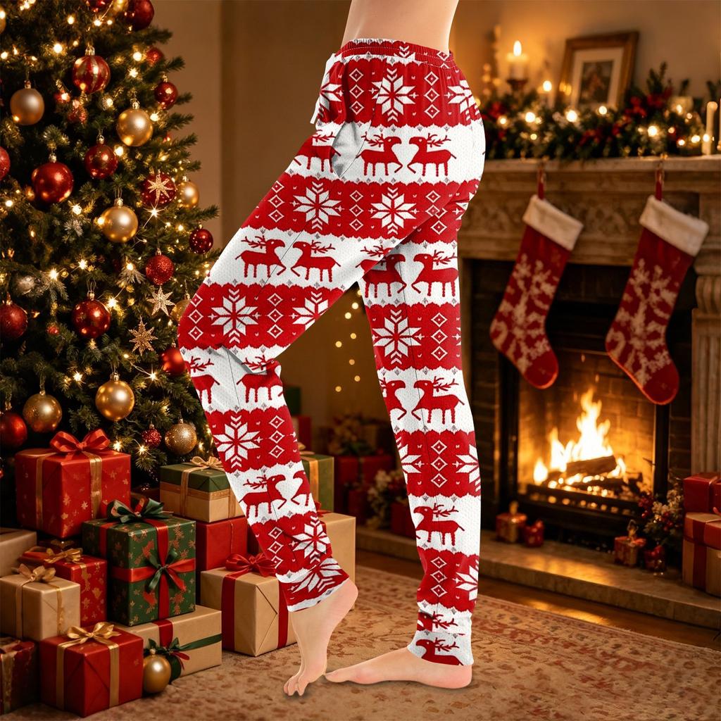 Pantaloni da Donna con Stampa Natalizia, Pantaloni Jogger Casual con Tasche e Polsini Elasticizzati per le Feste
