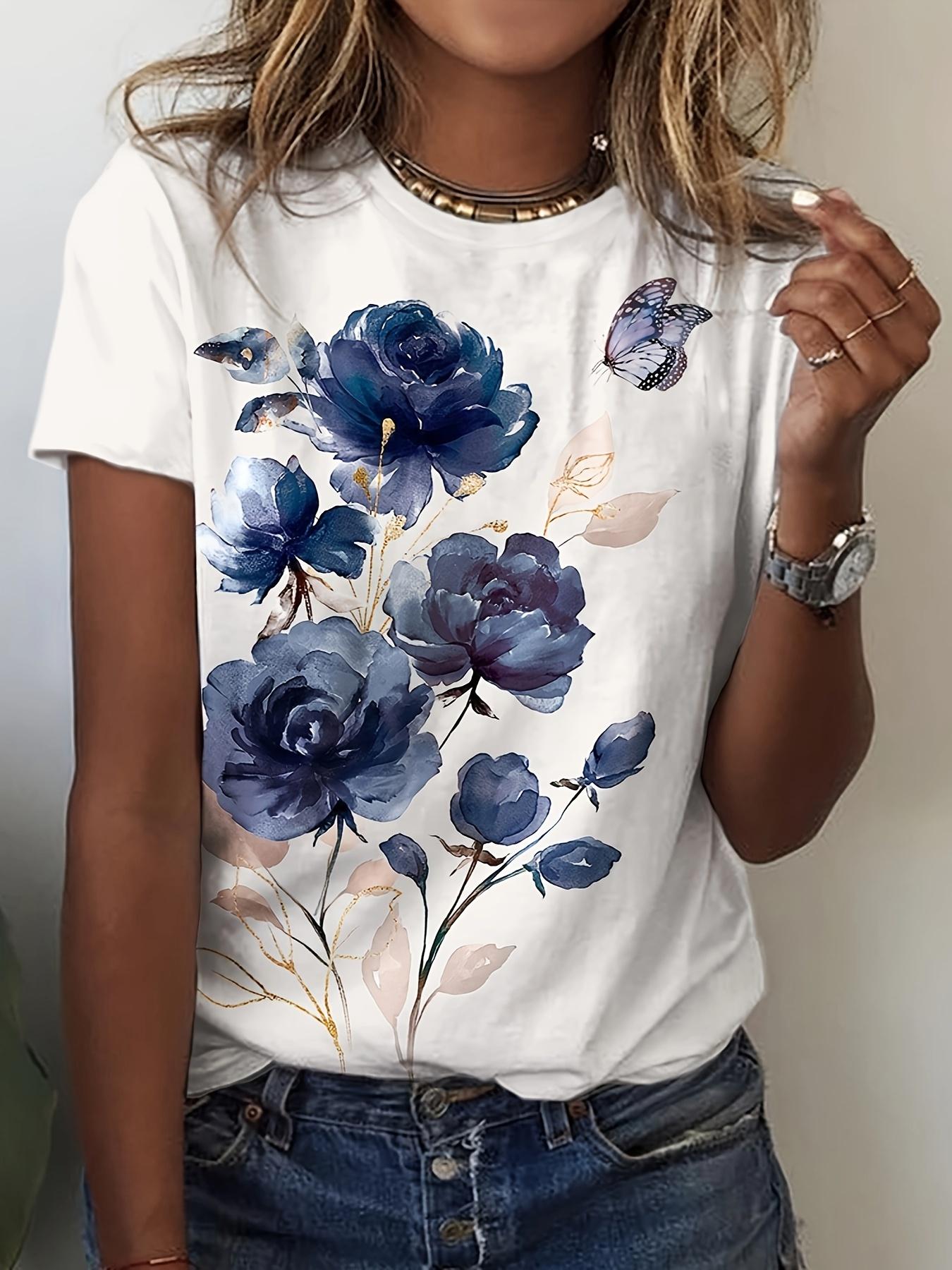 

The ladies T-shirt features a watercolor print design with blue roses and butterflies, suitable for daily casual wear. XL