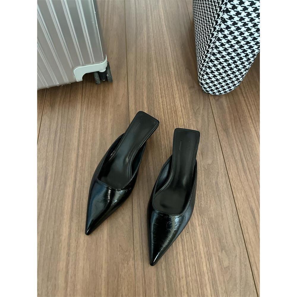 2025 nye vårslippers mote temperament allsidige spisse leopardtrykk halv-slippers dame medium hæl pose hode slippers dame