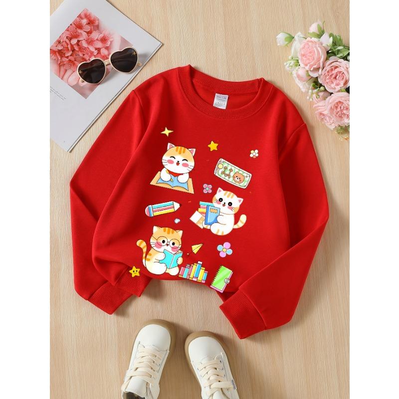 European Sizes Girls Soft Crewneck Sweatshirt Cute Cat Reading Books Study Pattern, Casual for Fall Winter, Ideal Holiday Present.