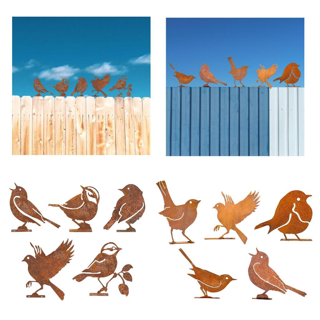 5x Rusted Birds Decorations Metal Bird Silhouette for Yard Gates Outside