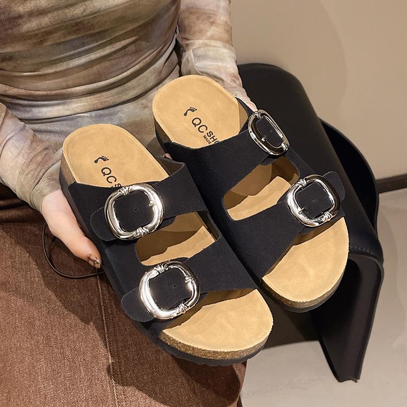 Verão Plataforma Rasteira Uma Palavra com Fivela Quadrada Sola Grossa Sandálias de Praia Tamanho Grande Chinelos Frescos