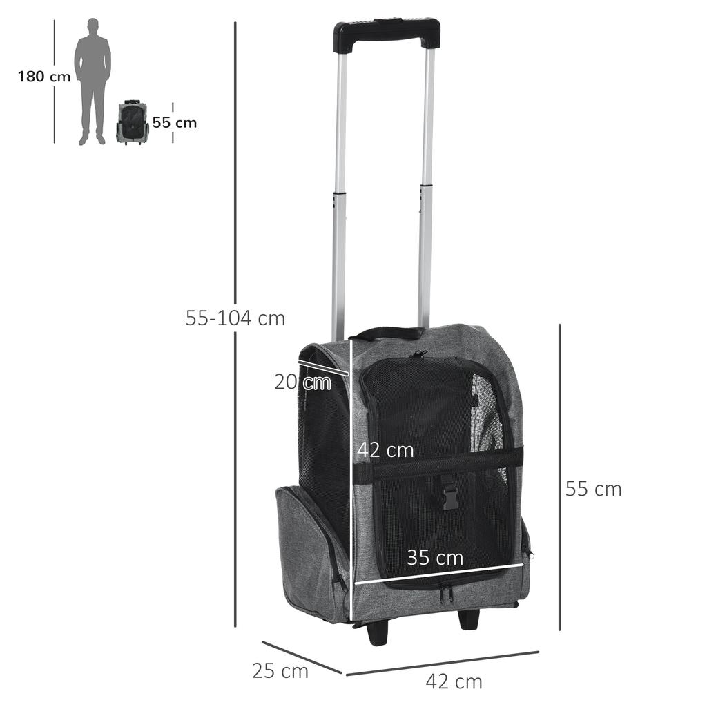 2-in-1 Pet Carrier Backpack for Dogs and Cats with Side Pockets, Telescopic Handle and Wheels, 42x25x55cm, Grey