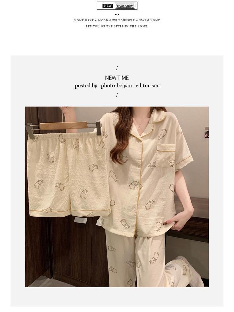 Koreanischer minimalistischer Pyjama-Set aus Wolkenbaumwolle mit Hasenprint: Damen Tragbare Dreiteilige Homewear