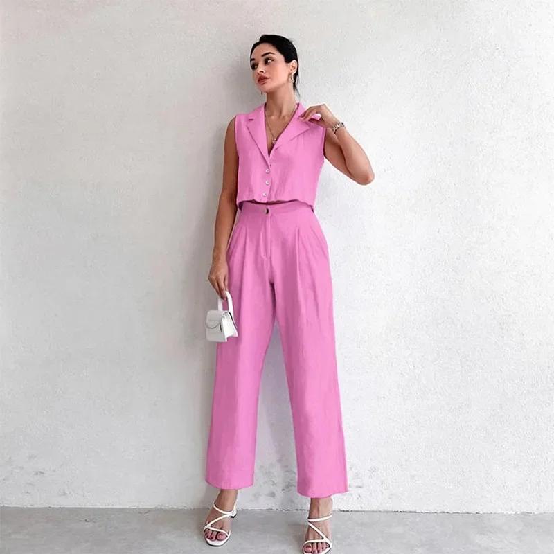 Casual Solid Vest Suit Women Sleeveless Single Breasted Tops High Waist Pants Summer Fashion Lady Elegant Set