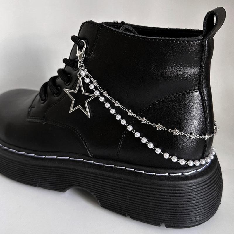 Doppellagige Schuhkette Canvas Schuhe Ketten Punk Stil Stern/Herz Perlen Schuhschnallen Schmuck Trendy Y2k Accessoires