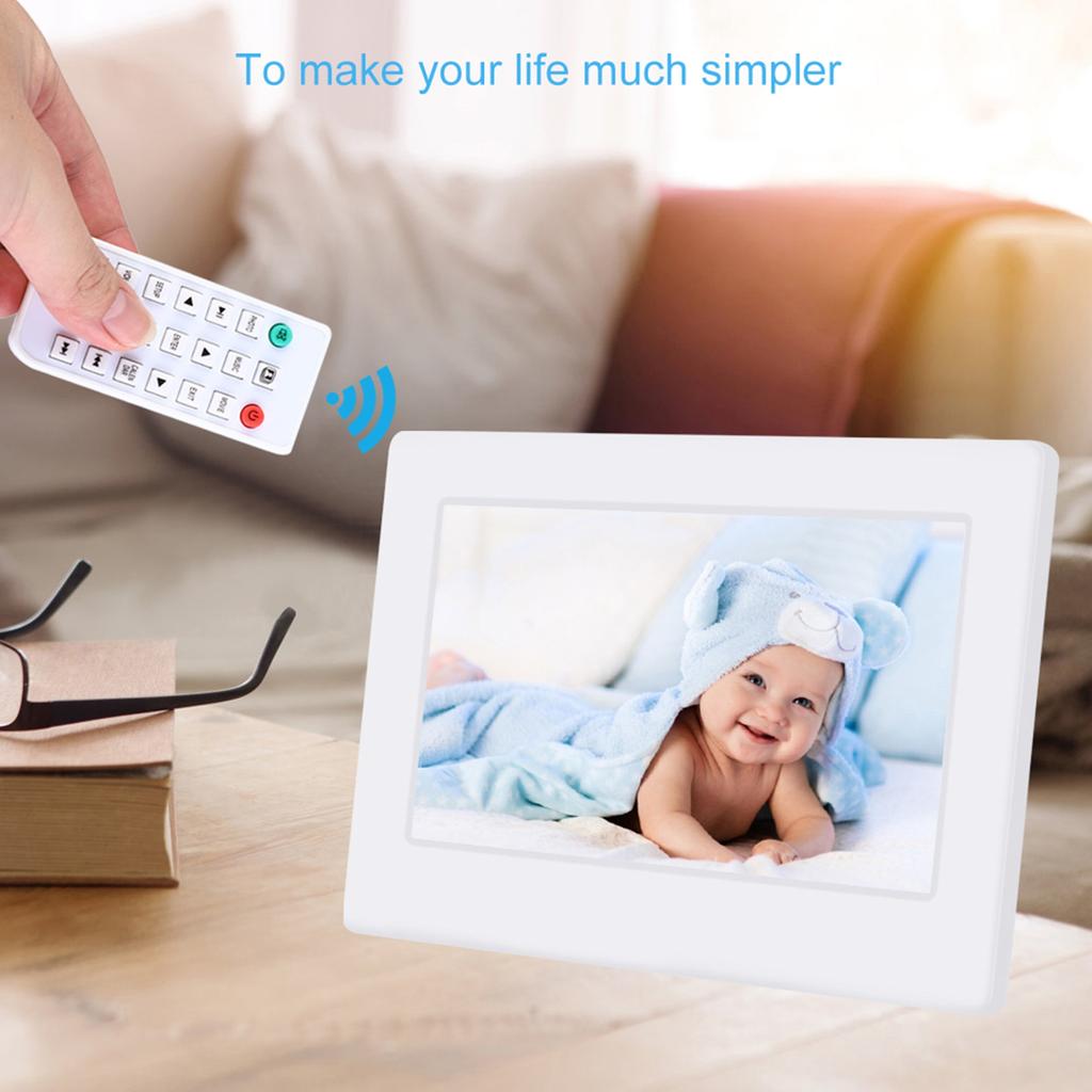 7Inch 1024*600HD Digital Photo Picture Frame Alarm Clock Player Album Remote Control White
