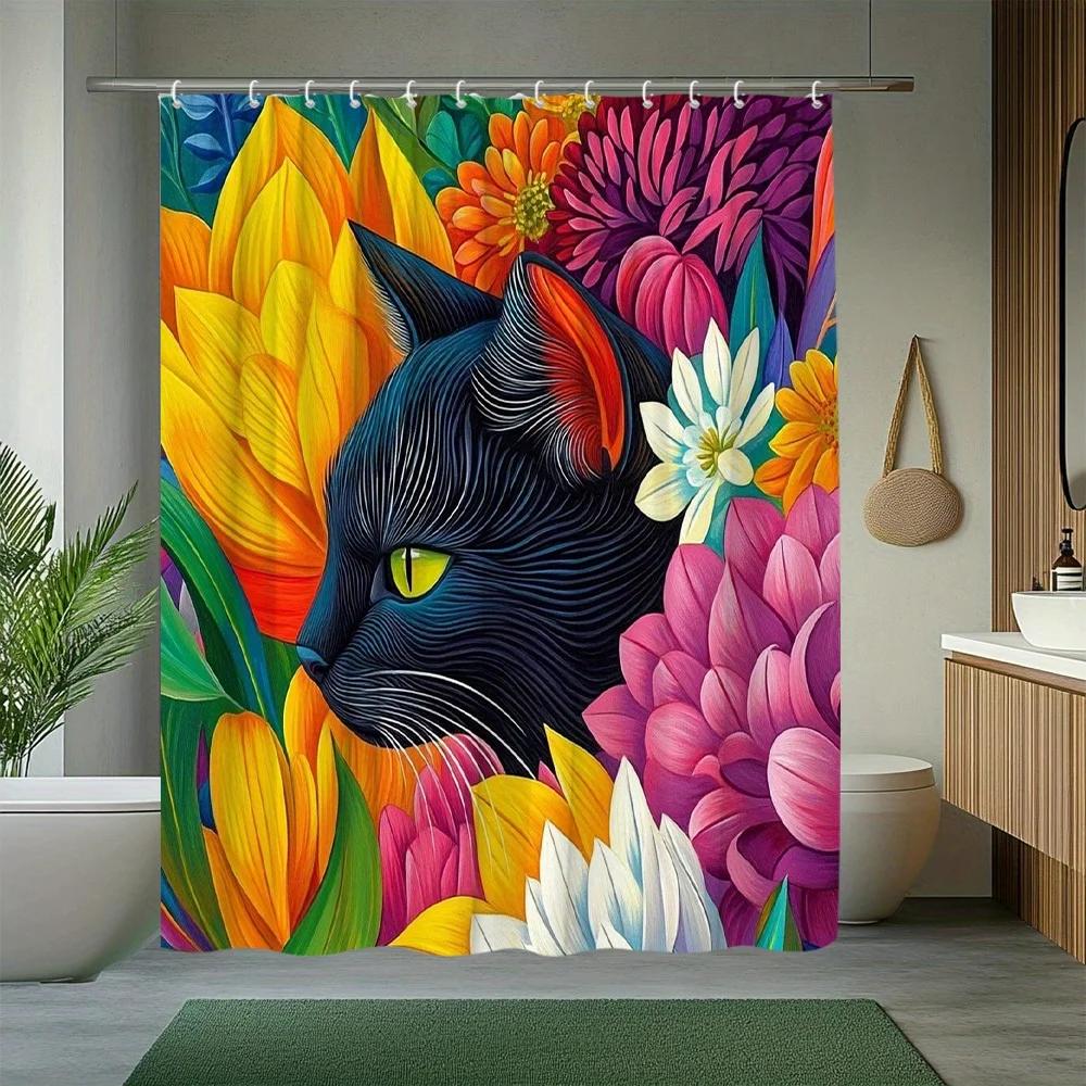 1pc Animal-Themed Shower Curtain with Cat Illustration and Floral Elements, Creative Design for a Beautiful and Vibrant Bathroom