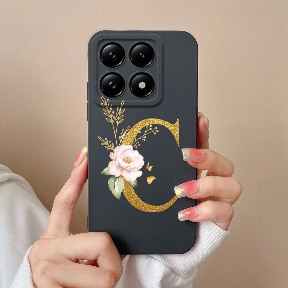 Liquid Soft Silicone Bumper For Xiaomi 14T Pro 5G 14 T Cover Pretty 26 Flower Letters Cases Anti Drop Housing Phone Shell Fundas