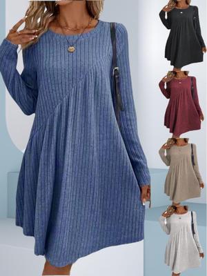 2024 Autumn Winter Women Bohemian Stripe Dress Solid Color Irregular Design