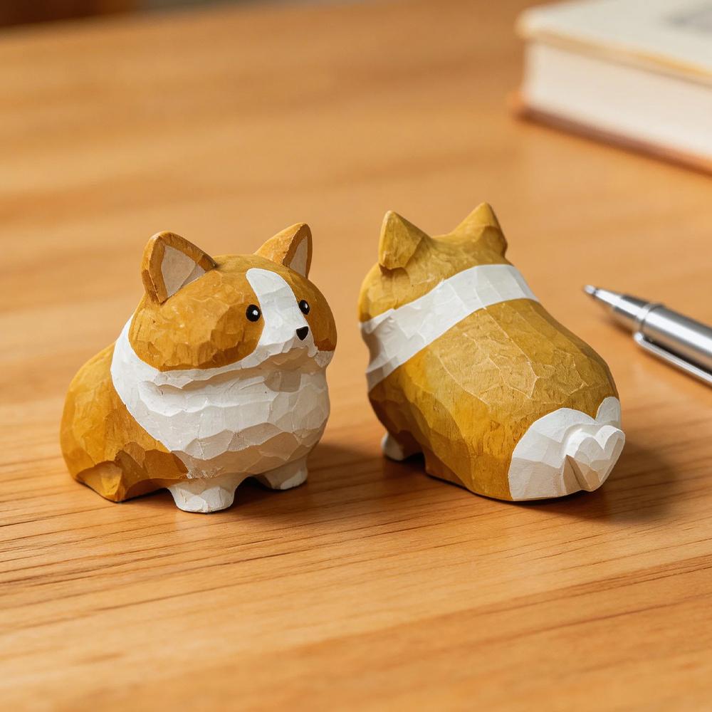 Hand Carved Decorative Wooden Corgi Figurine Mini Cute Dog Animal Statue Ornament Sculpture Home Desk Decor Gift for Dog Lovers