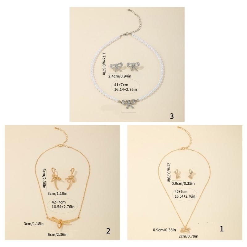 Delicate Bowknot Pendant Necklace and Earrings Combo Graceful Women's Neckchain and Ear Studs Jewelry Set Collection