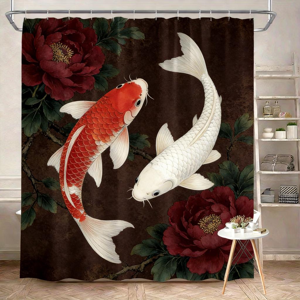 Luxury Golden Koi Fish with Cherry Blossoms Waterproof Shower Curtain for Feng Shui Bathroom Decor