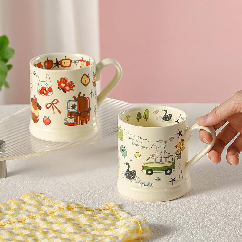 High Value Ceramic Mug Retro Cute Milk Cup French Home Microwave Oven Can Heat Couple Cups for Women