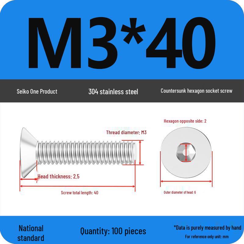 M2-M10 Stainless Steel Flat Head Machine Screws and Bolts Set, Countersunk Hex Socket Cap, 304 Grade.