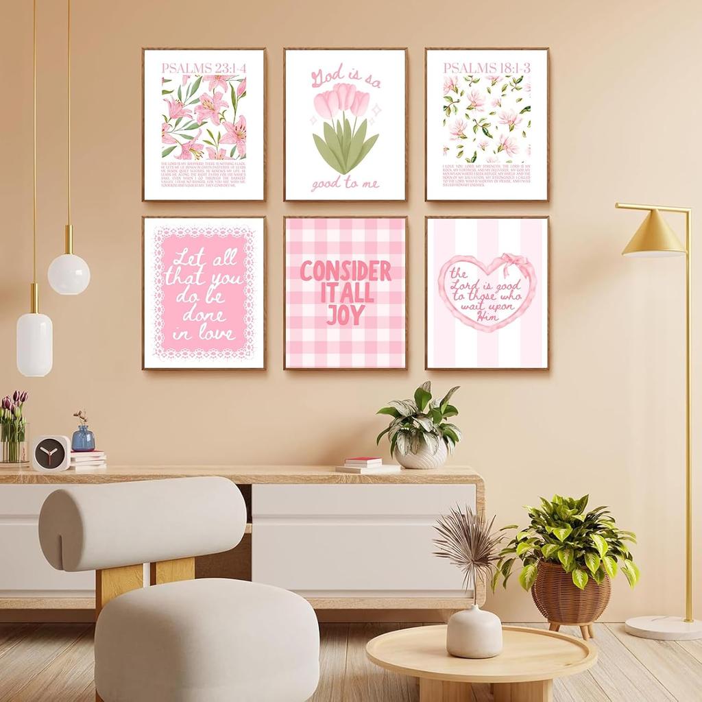Pink Bible Verse Wall Art Set of 6 Religious Preppy Wall Decor Christian Floral Room Decor for Girls Scripture Cute Posters for Bedroom Christian