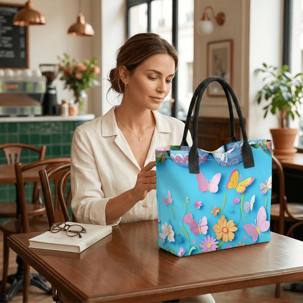  Floral Butterfly Tote Bag Cute Casual Large Capacity Shoulder Handbag for Daily Use