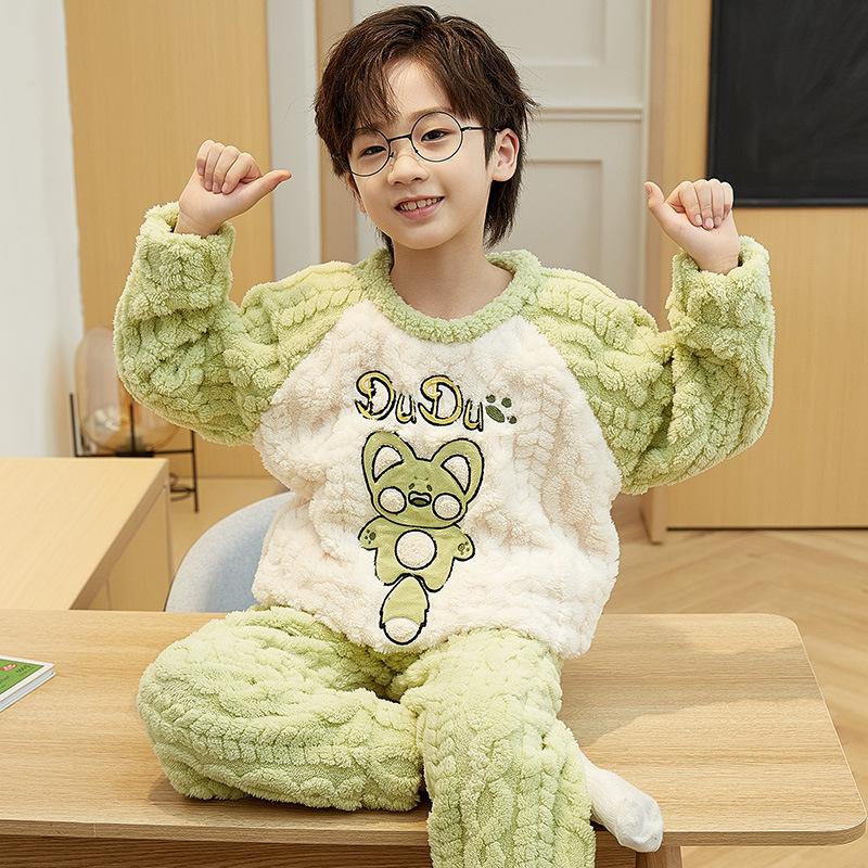 Kids Flannel Pajamas Set Boys Girls Warm Long Sleeve Top And Pants Sleepwear Winter Home Nightwear