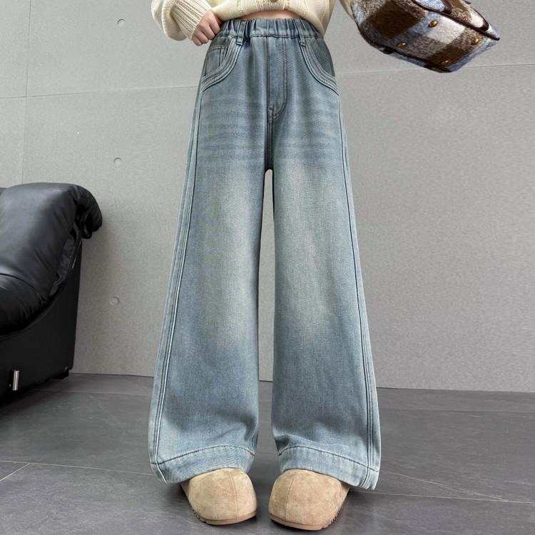 

Girls Stylish Wide-Leg Jeans, Korean Spring/Autumn 2026, Casual Straight-Leg Pants for Medium and Large Children 130 cm