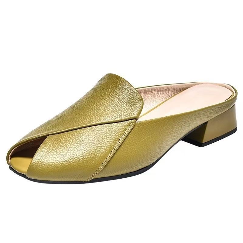 2025 neue Sommer Dicke Ferse Fischmaul Ausländischer Stil Coole Hausschuhe Tasche Kopf Halbschuhe Damenbekleidung Mode Weiches Leder Damenschuhe