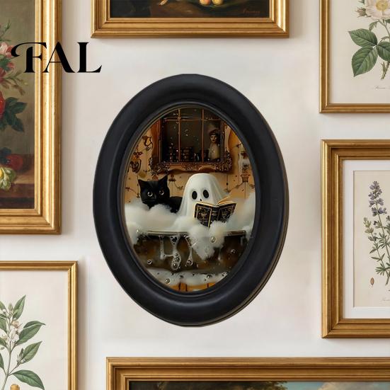 Spooky Aesthetic Room Decor Halloween Wooden Door Hanging Sign, Oval Gothic Black Cat Ghost Wall Plaque, Retro Vintage Home Waterproof Art for