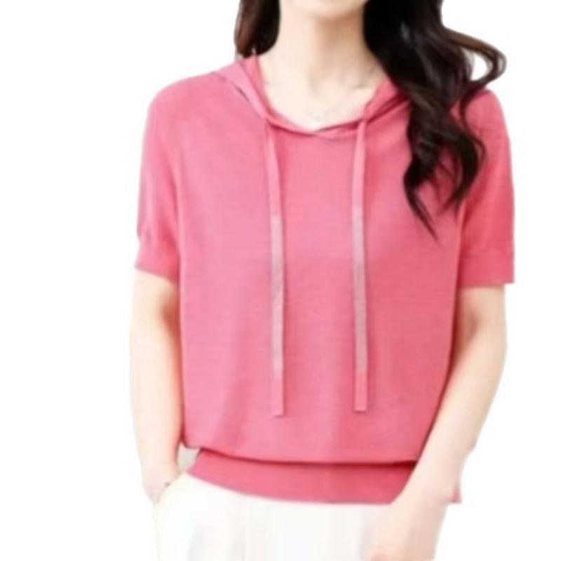 Hooded Pullover Knitted T-shirt for Women Short Sleeved Loose Casual Versatile Slimming T-shirt