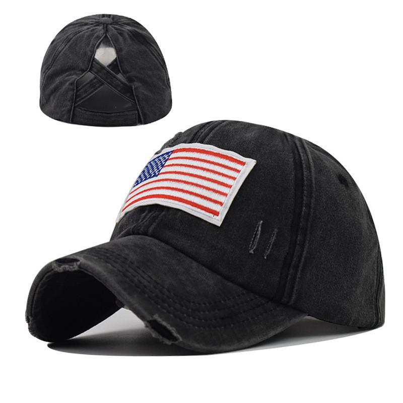 2021 Cross-border Washed Flag Baseball Cap Women s Cotton Stylish Twill Distressed Sun Visor Adjustable Hat чёрный