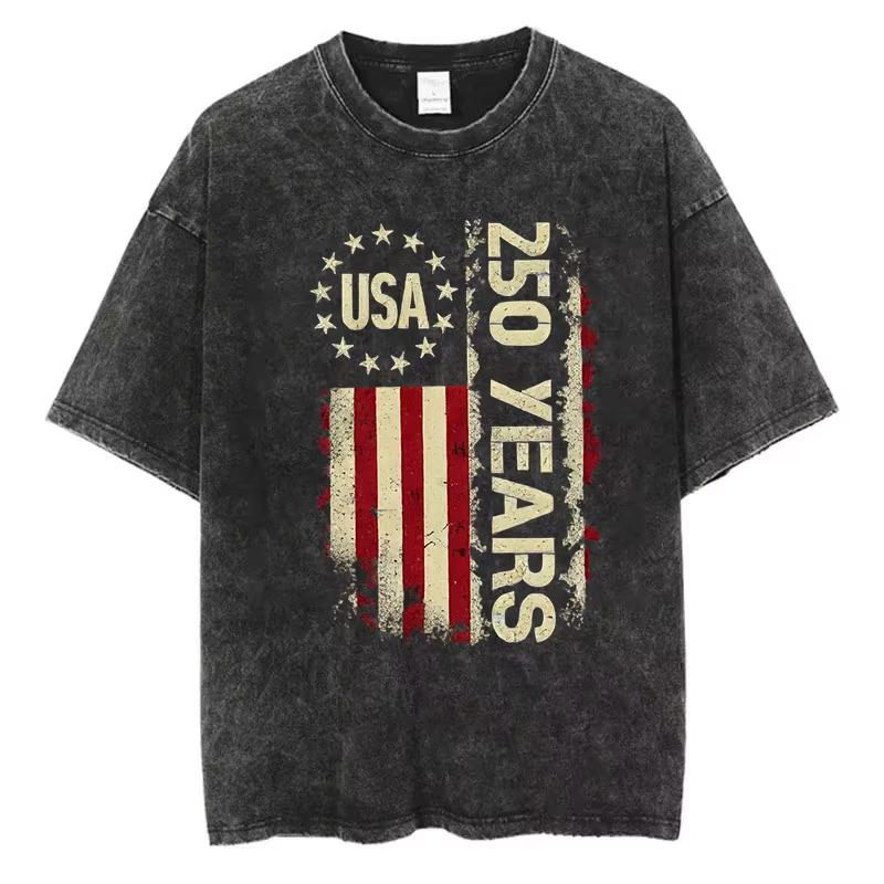 Vintage Washed Cotton TShirt Men Years USA Independence Day Graphic Tee Fighter Jet Patriotic Acid Wash
