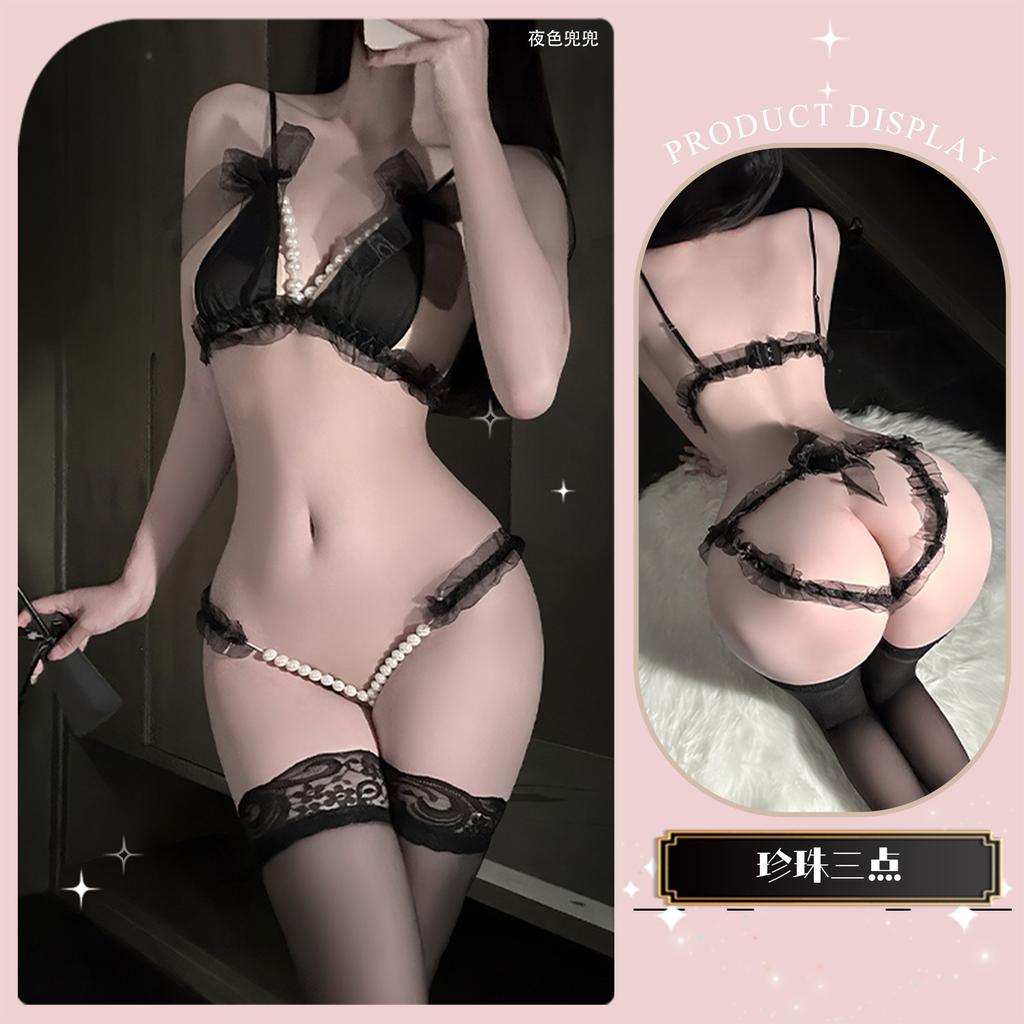 Sexy lingerie sexy lace three-point small chest shows big pearl seduction thong passion free women