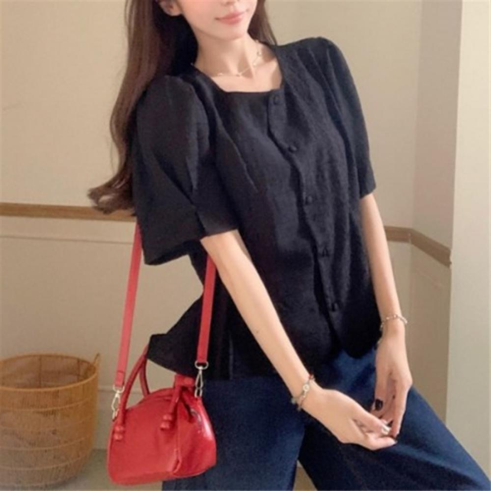 New Arrivals Open Run Women Classic Square Neck Button Detail Flare Short Sleeve