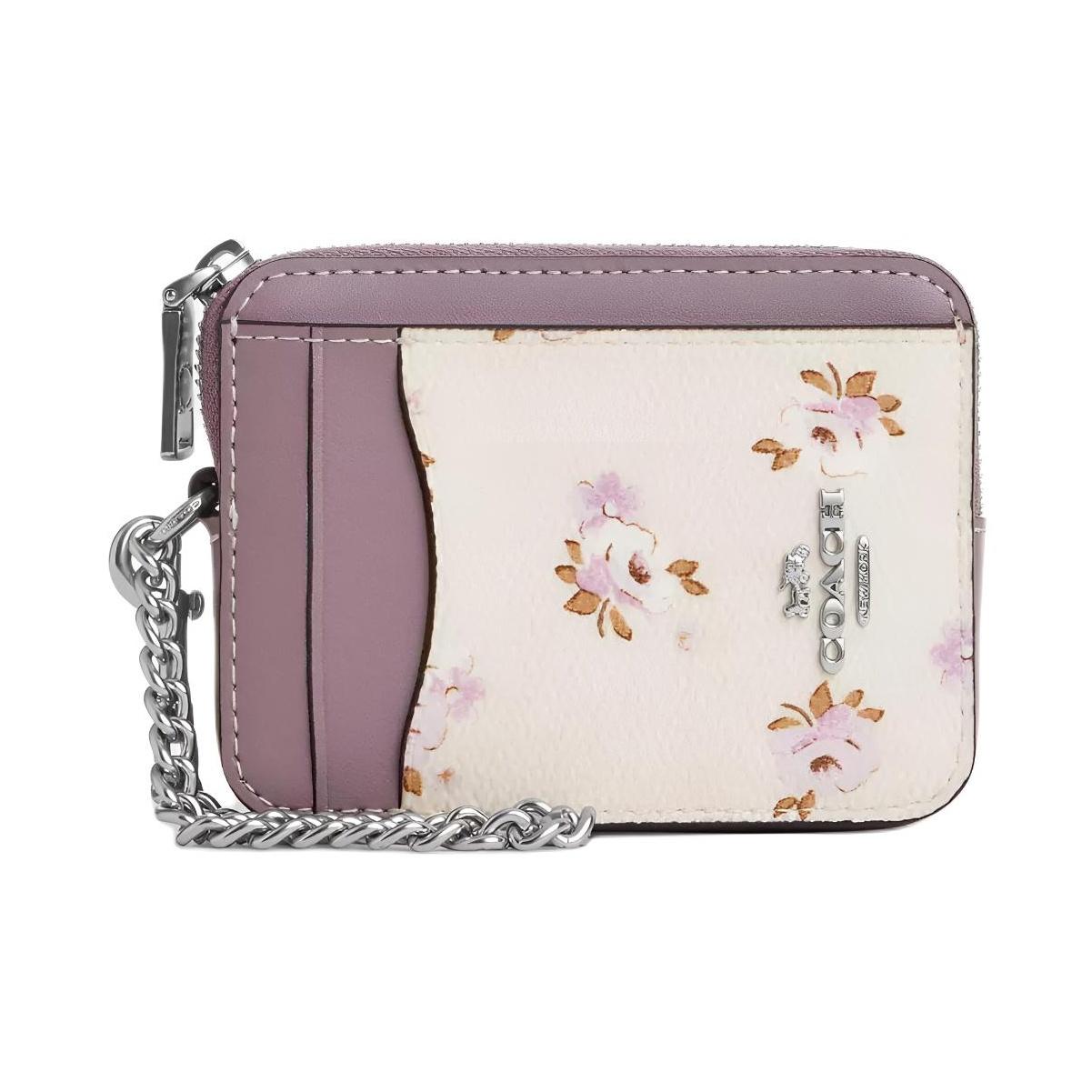 Coach Floral Print Leather Card Holder Women Accessories Silver Pink Multicolor CAU43-SVCAH Silver & Multicolor