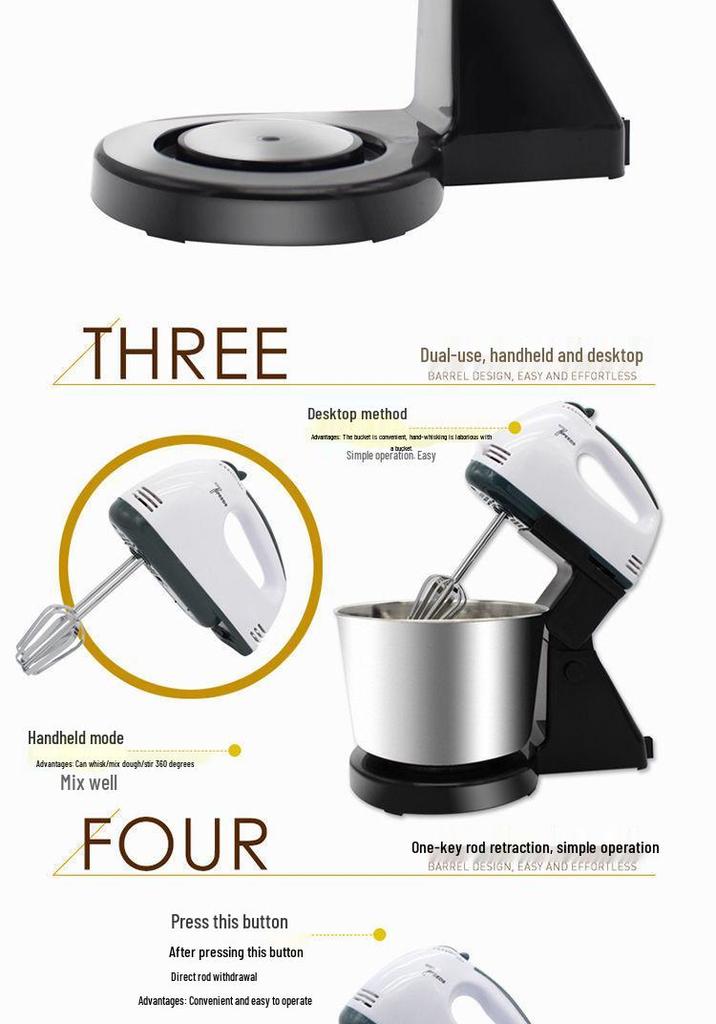 Electric Desktop Egg Beater and Small Dough Mixer with Stainless Steel Whisk