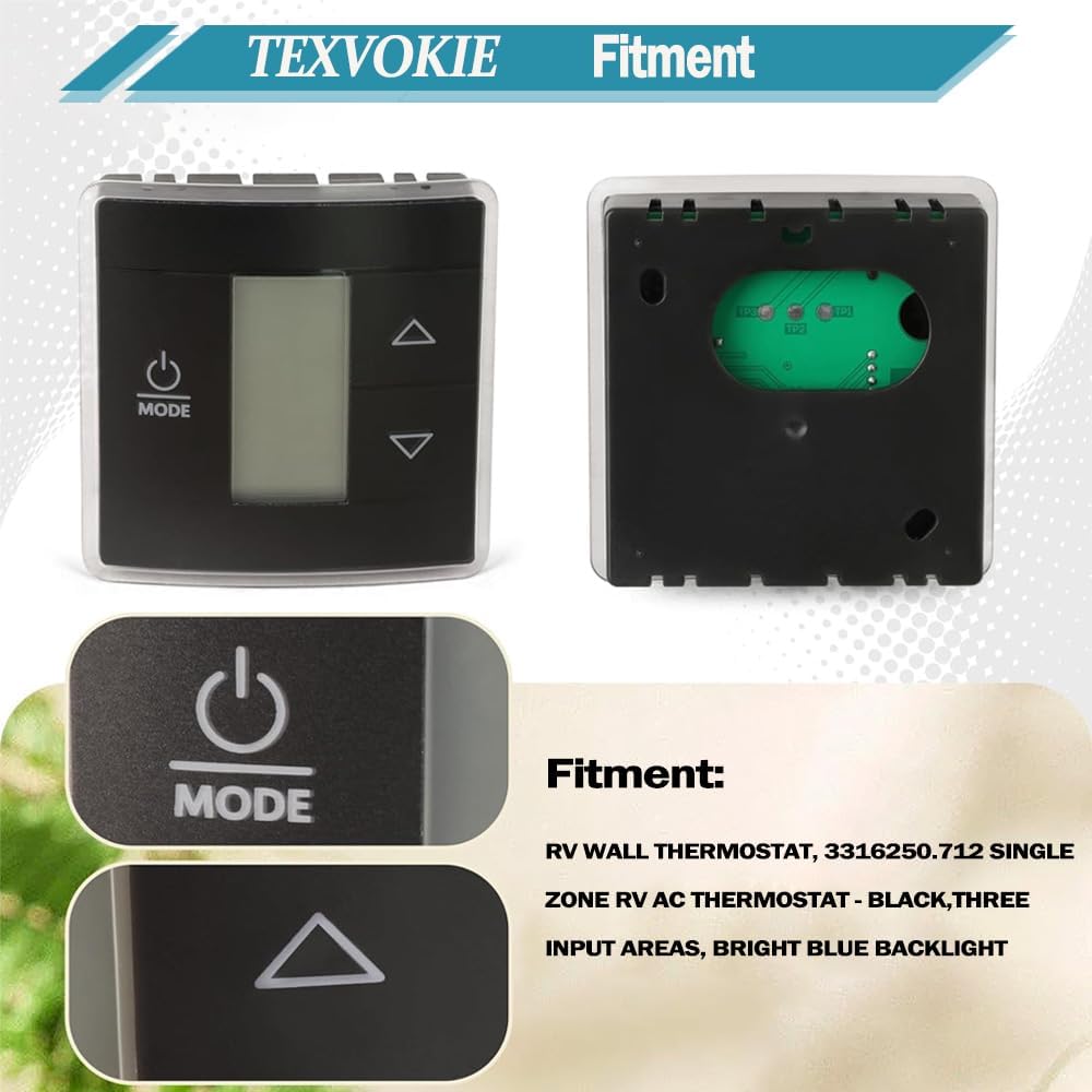 

3316250.712 RV Single Zone Wall Thermostat, Replacement for Dometic, Used for Cool/Heat/Furnace Control, Blue Backlight LCD Display, Black 3-Wire