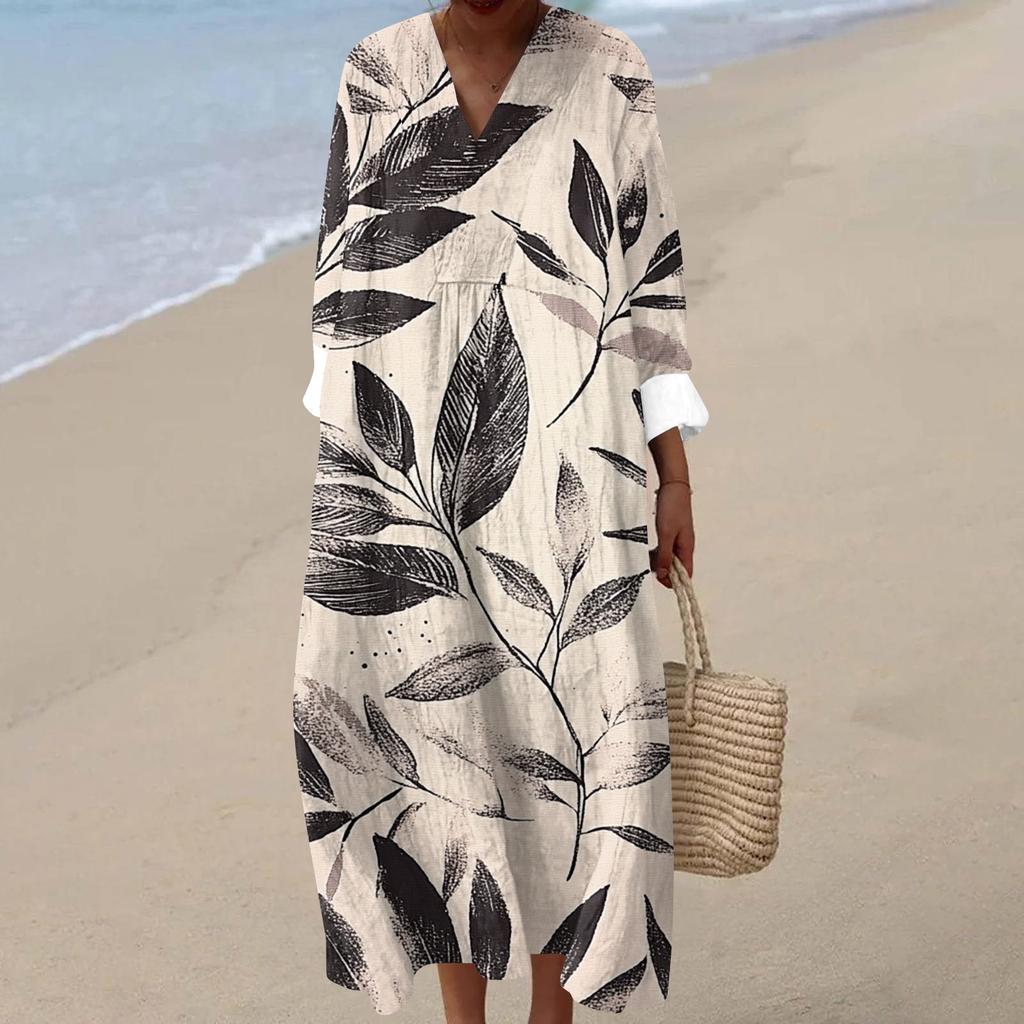 Kadın Günlük Moda V Yaka Uzun Kollu Çiçek Desenli Maksi Elbise