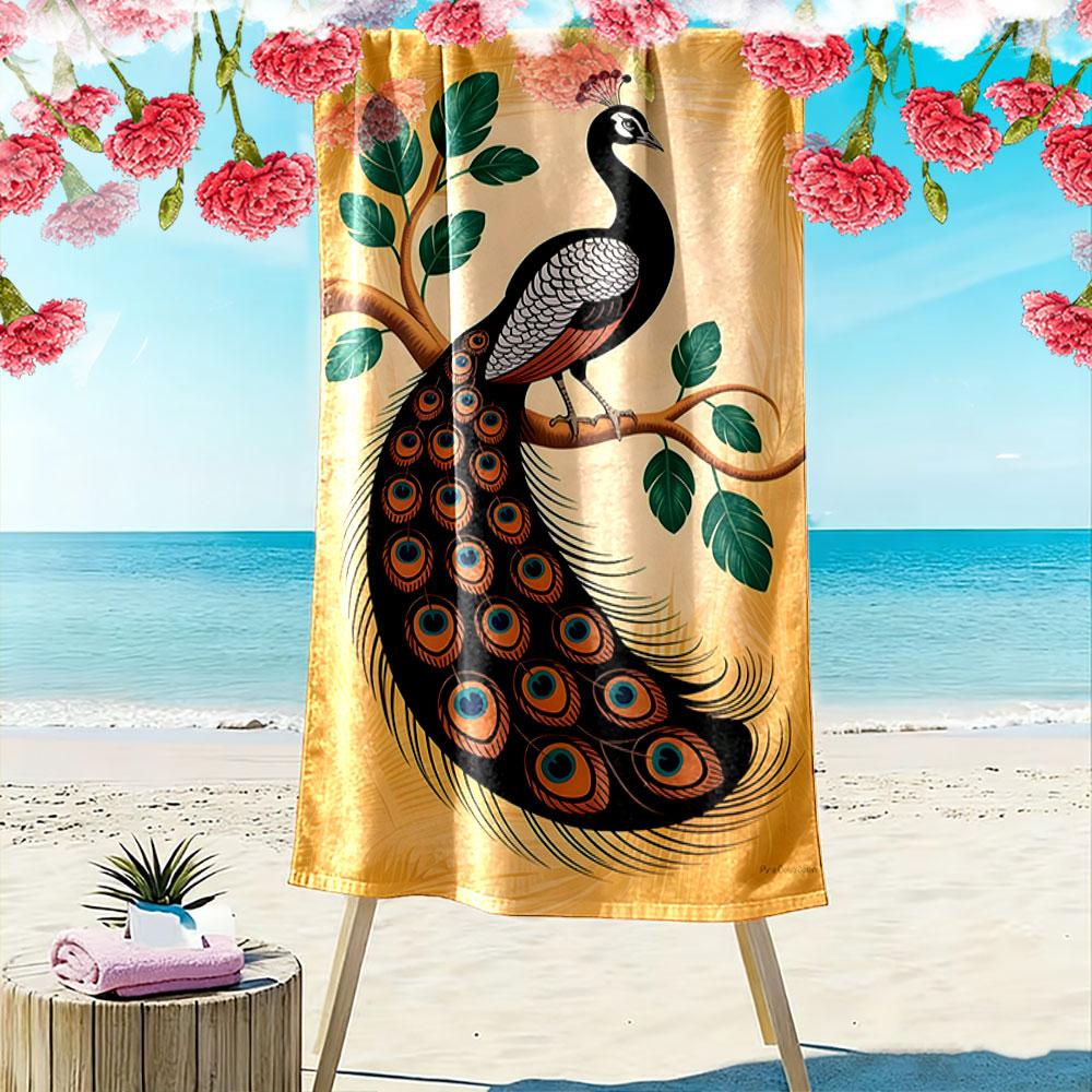 Graceful Peacock On Branch Print Beach Towel, Quick Drying, Suitable for Travel, Outdoor Sports, Jogging, the Beach and Swimming, Gift