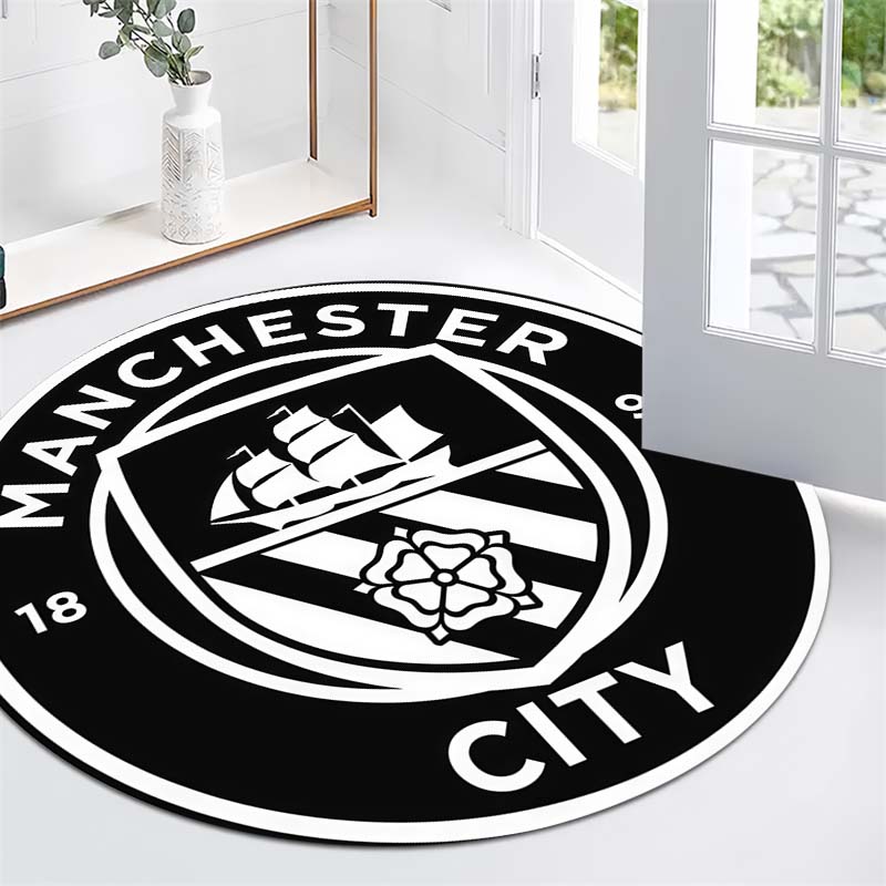 Manchester City Schwarz Weiß Schiff Rose Wappen Kreis Teppich Premier League Fußball Runder Boden Teppich Gaming Stuhl Wohnzimmer Schlafzimmer Dekor Matte 100x100cm( 27x39in )