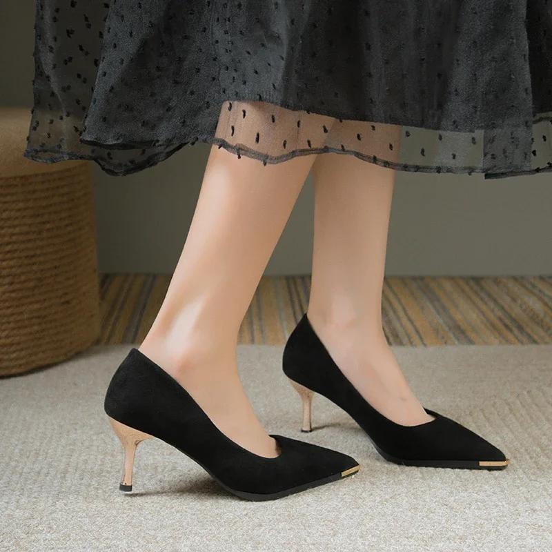 Ladies Elegant High Heels Metal Toe Pointed Tip Shallow Mouth Black Heels Suede Spring Autumn Leisure Versatile Womens Shoes