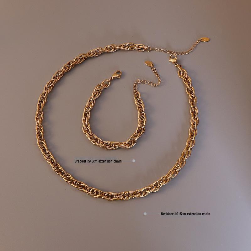 Italian Woven Chain Hip-Hop Style Necklace & Bracelet Set - Women's Handmade Titanium Steel Jewelry