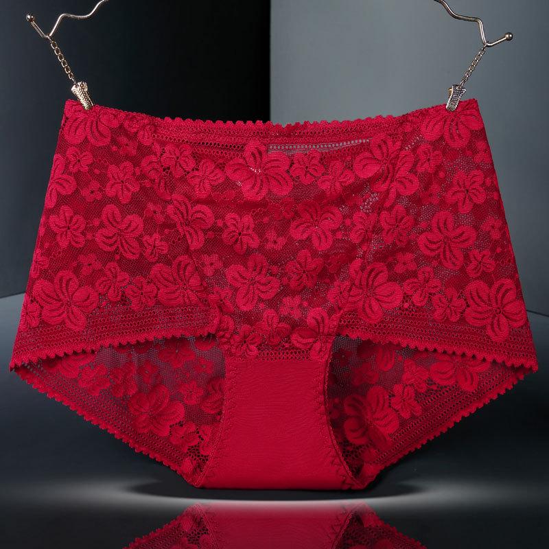 8992 Women's High-Waisted Cutout Lace Panties - Plus Size, Black/Red, Cotton Crotch