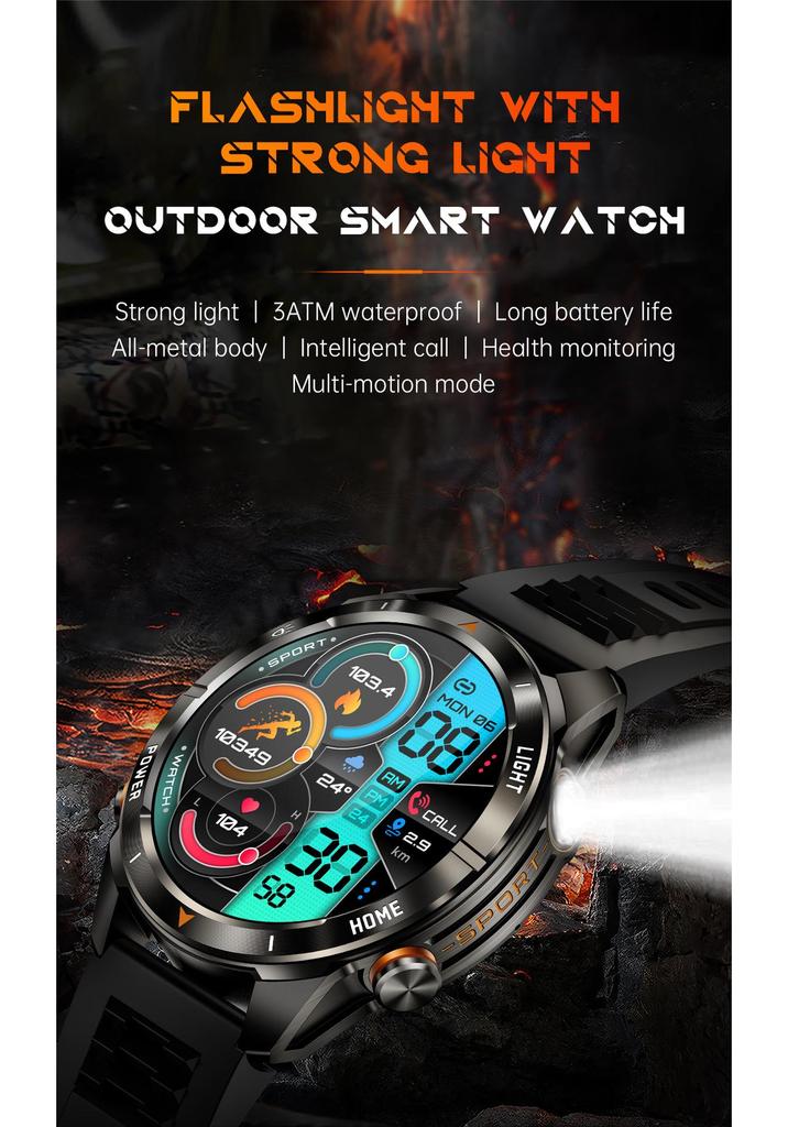 KT80 Smartwatch: 3ATM Waterproof, Bluetooth Calling, 1.53" Touchscreen with Flashlight.
