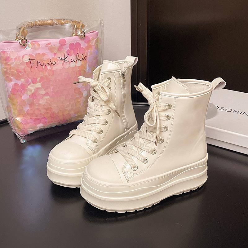 Imitation leather thick baseplate shoes women's autumn 2025 new versatile velvet round head lace-up side zipper casual bread shoes