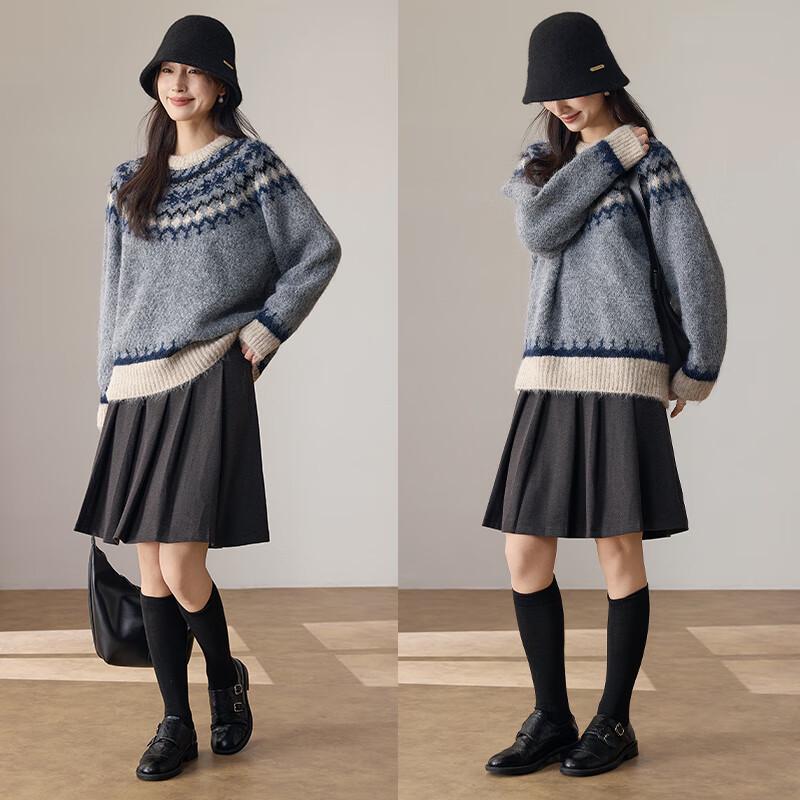 VICTORIA&VERA Women's Fair Isle Jacquard Round Neck Knit Sweater