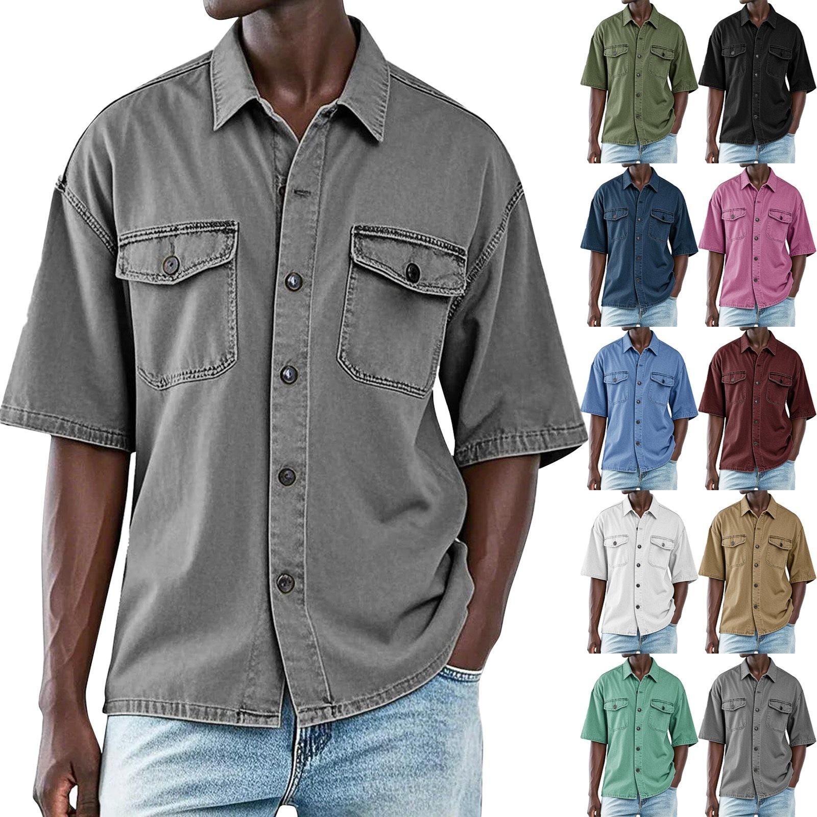 

Men s Summer Solid Color Lapel Short-Sleeved Shirt Men s Casual Fashion Short-Sleeved Shirt L армія зелений колір