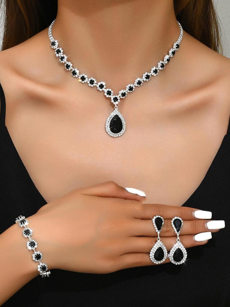 Elegant Multi-Color Floral Diamond Wedding Jewelry Set - Necklace, Stud Earrings & Bracelet