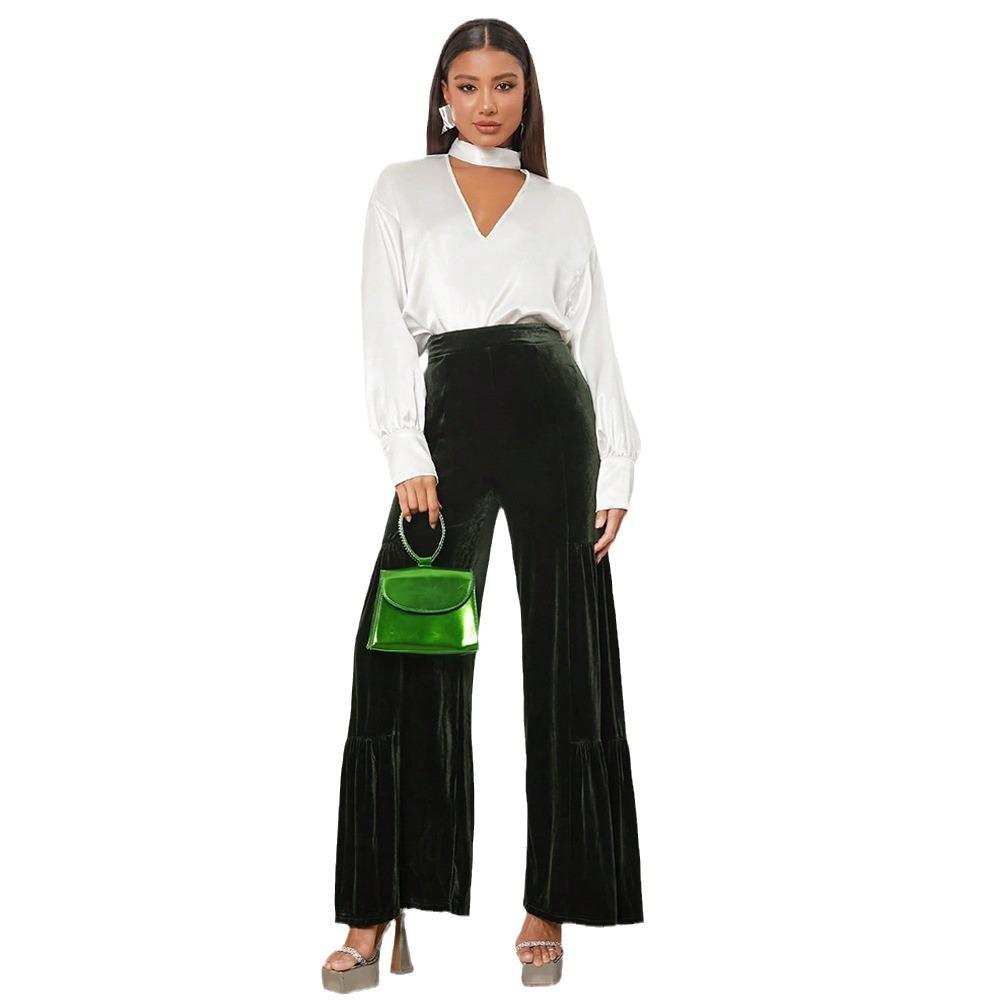 Women s Solid Color High Waisted Wide Leg Pants Velvet Ruffle Casual Pants Clothes Sale S