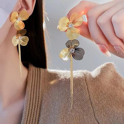 Exaggerated Rhinestone Long Tassel Earrings Trendy Flower Drop Earrings Personalized Hanging Earrings Girls Unique Party Jewelry CDN