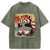 Harajuku Summer Fashion Tees Vintage Cute Raccoon Eating Ramen Funny Japanese Washed T-Shirt Holiday Short Sleeve Tops