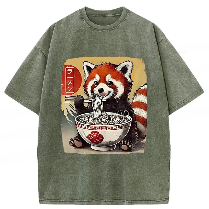 Harajuku Summer Fashion Tees Vintage Cute Raccoon Eating Ramen Funny Japanese Washed T-Shirt Holiday Short Sleeve Tops
